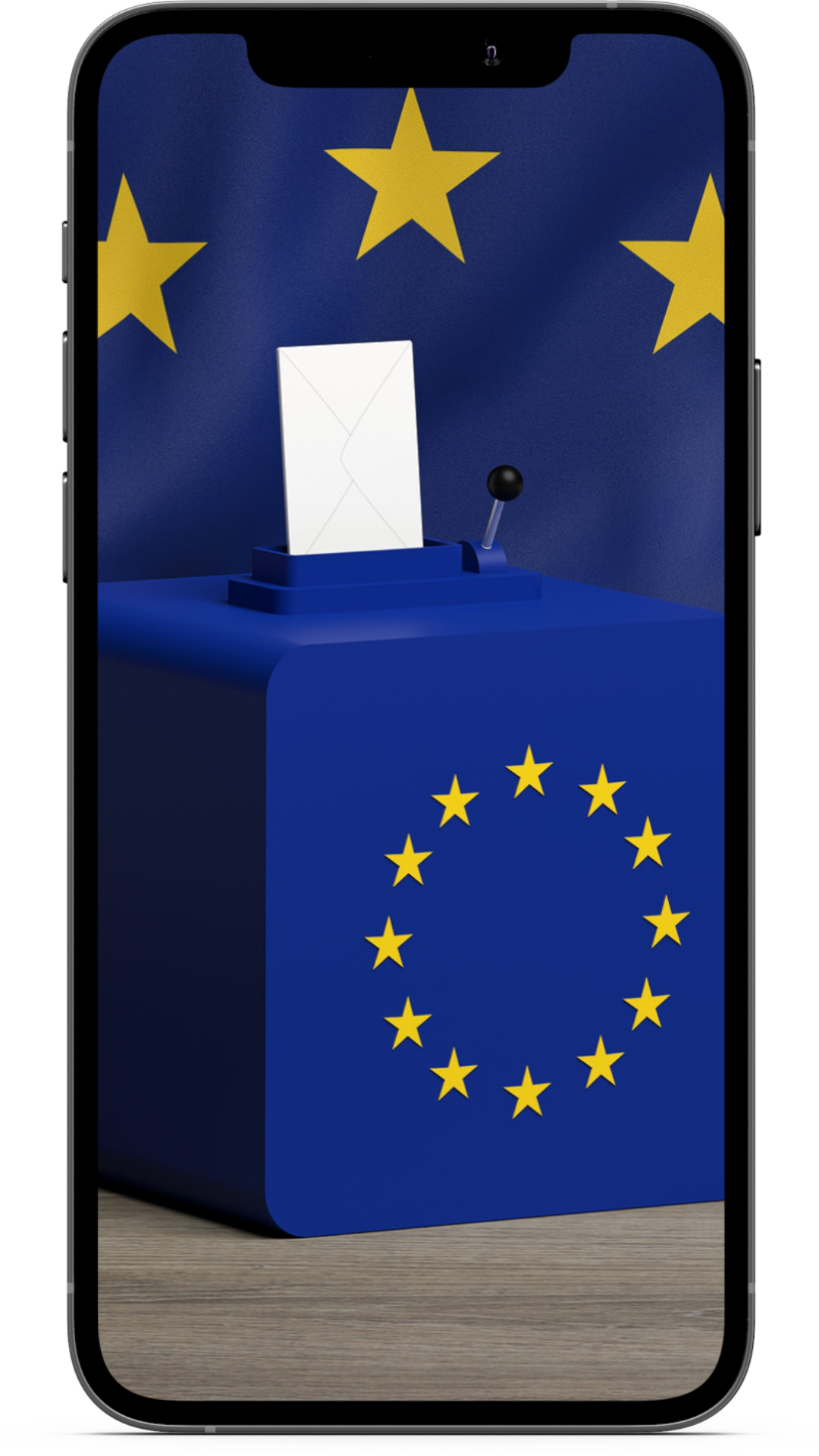 Ein Smartphone, auf dem eine Wahlurne gezeigt wird, die mit einer Europafahne umhüllt ist.