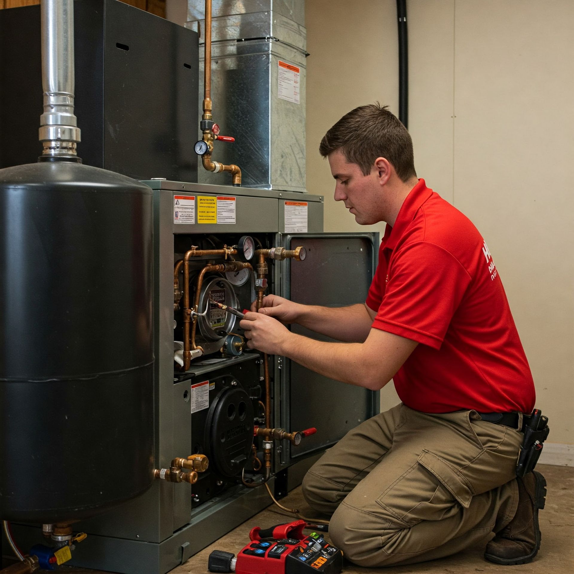 An air conditioner is being installed in a basement.