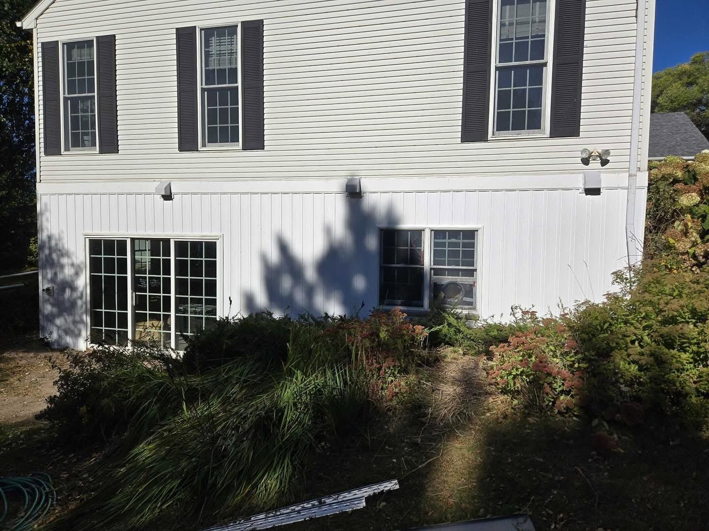 White house exterior with windows and a shaded front garden on a sunny day
