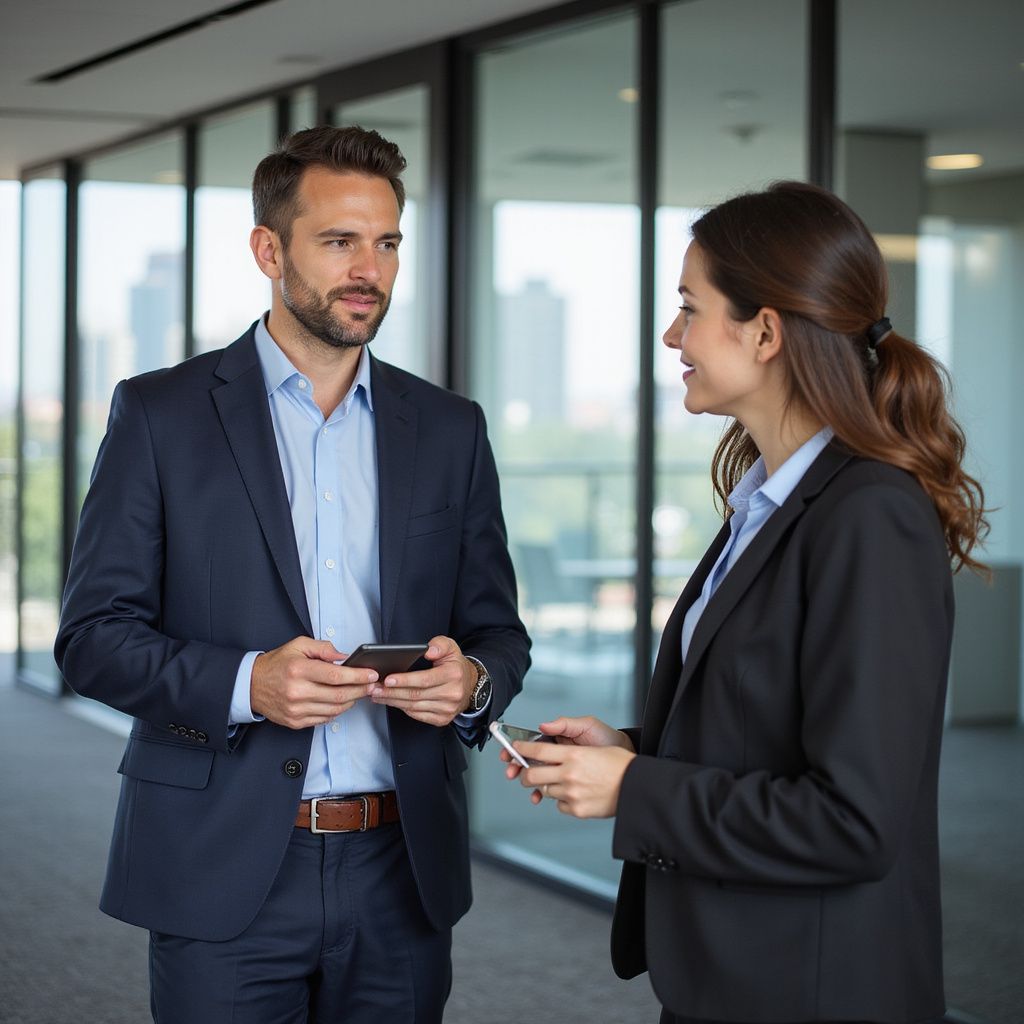 Man and woman in suits converse in an office hallway, holding phones.