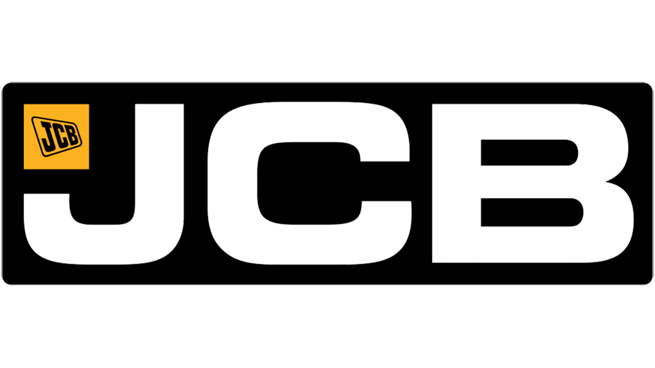 The jcb logo is black and white and has a yellow jcb logo on it.