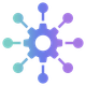 A purple and blue icon of a gear with circles around it.