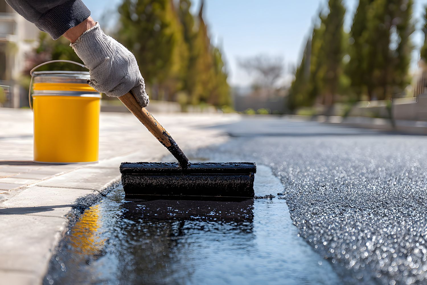Person in glove applies black sealant with roller brush along the edge of a paved surface. Yellow bucket nearby.