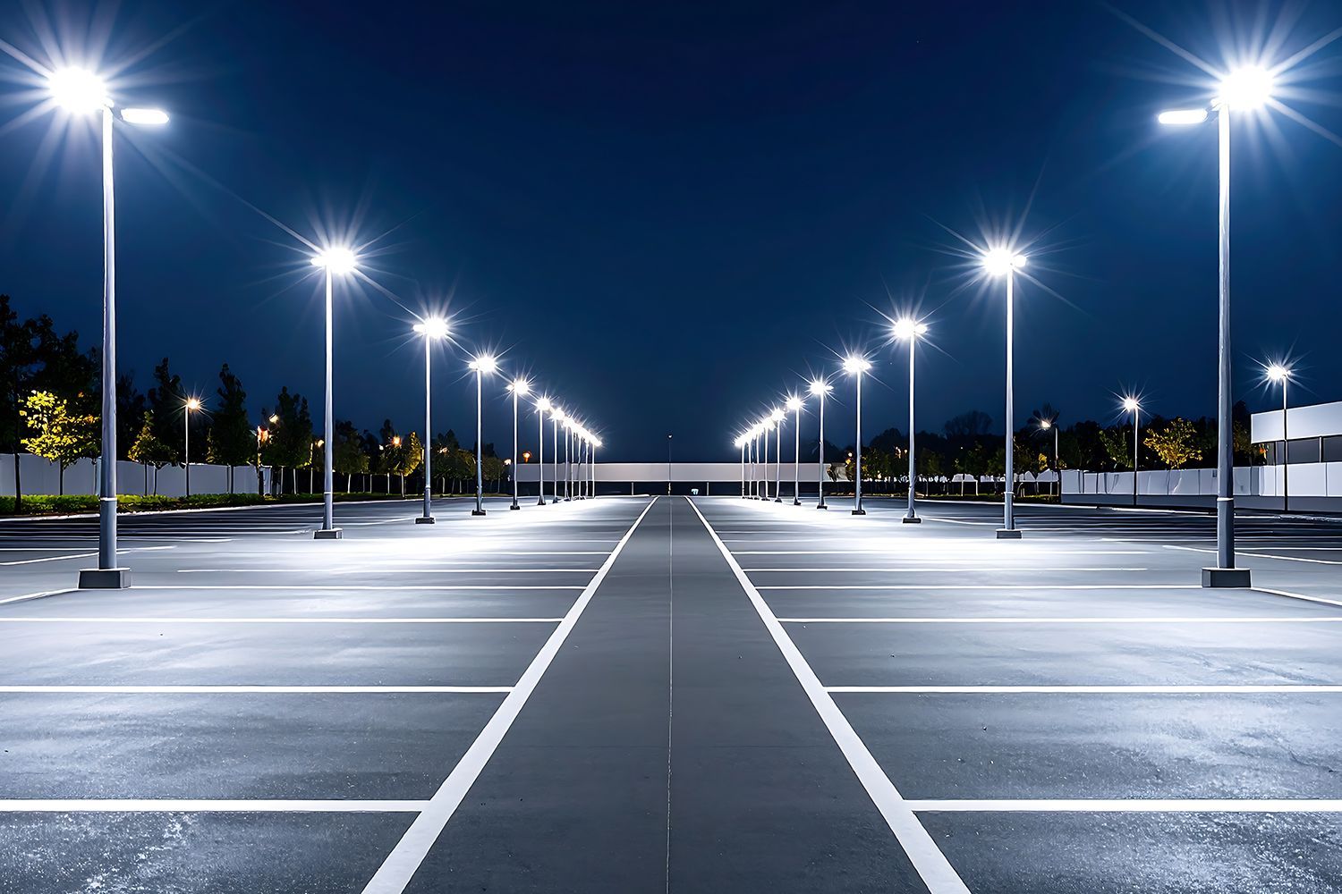 Empty parking lot at night, illuminated by bright overhead streetlights.