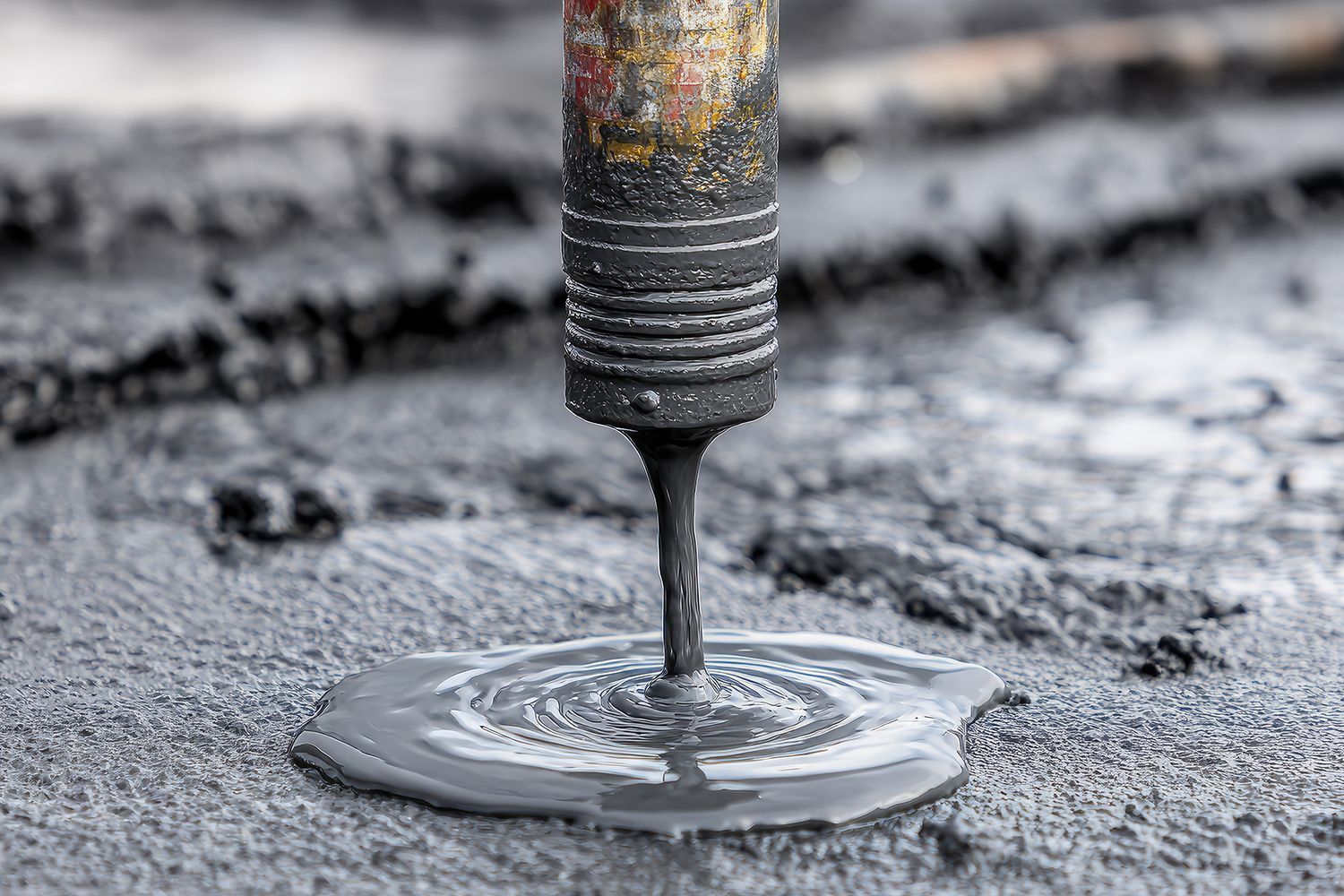 A black liquid, possibly oil, flowing from a metal pipe onto a gray surface.