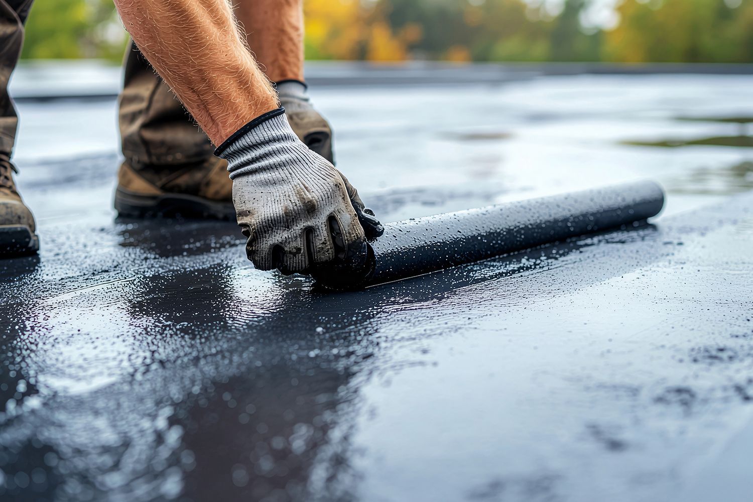 Person in work gloves installing a dark pipe on a wet, flat roof.