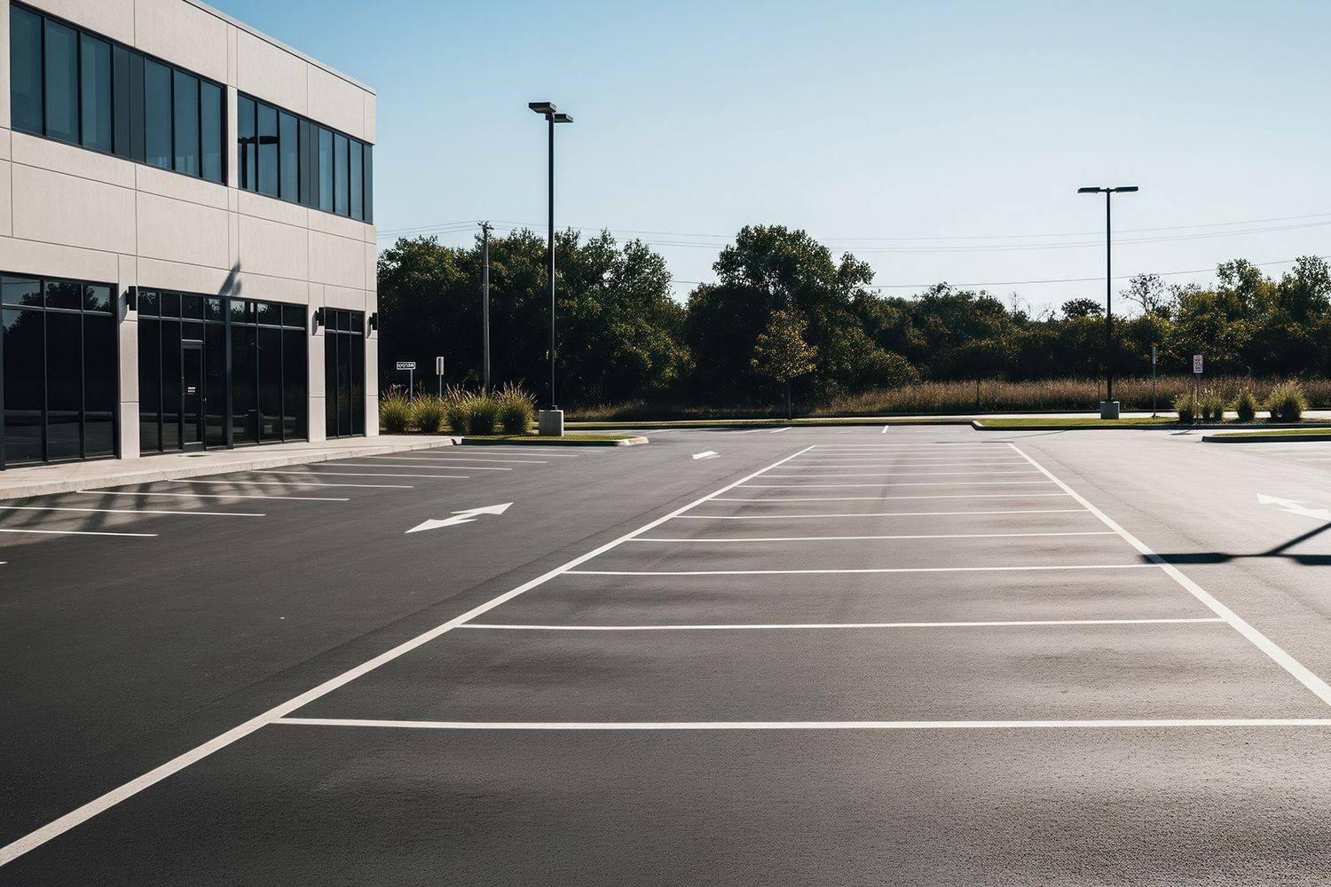 Empty asphalt parking lot next to a modern building under a clear blue sky.