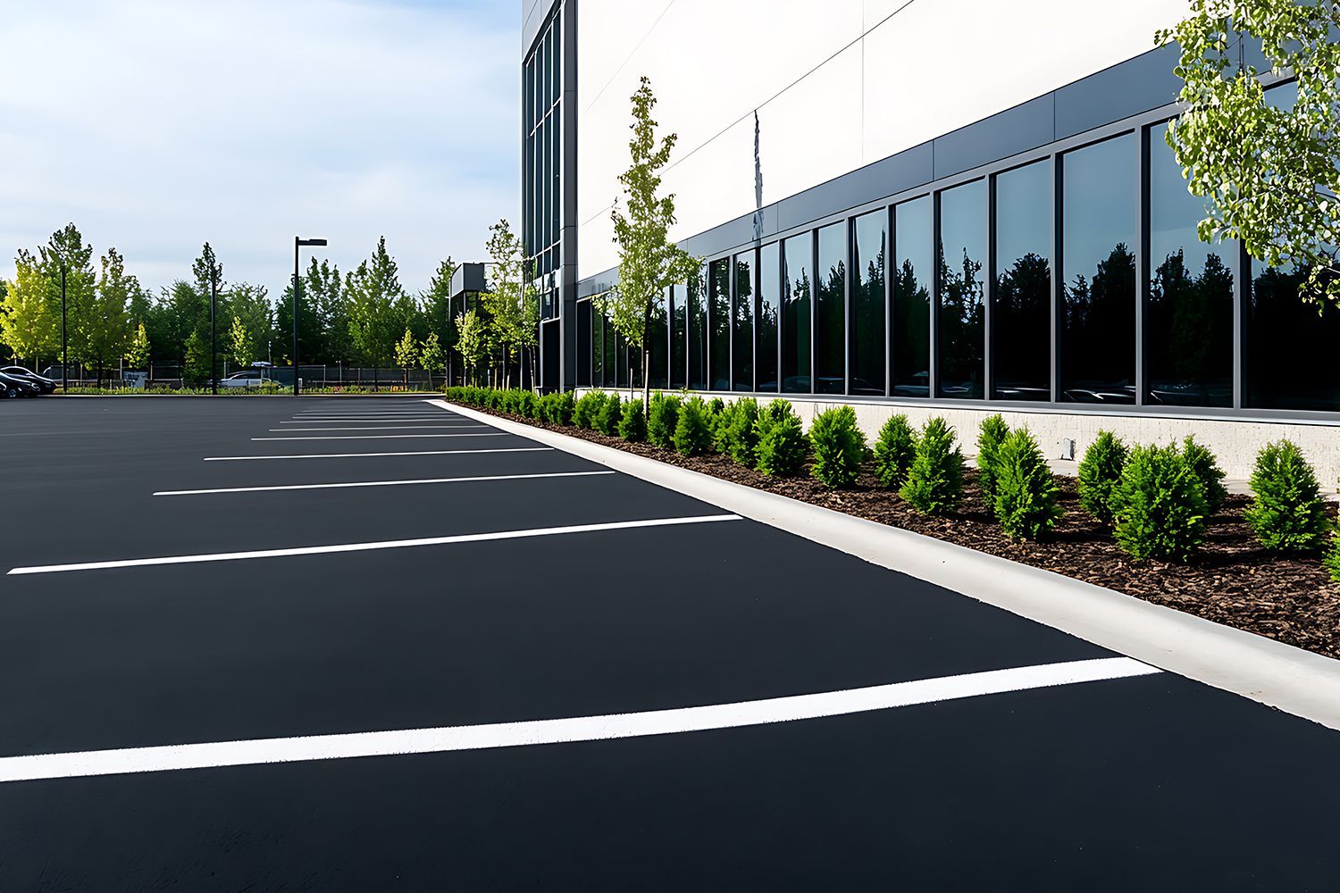 Black asphalt parking lot with white lines, lined with green bushes and trees, beside a modern building.