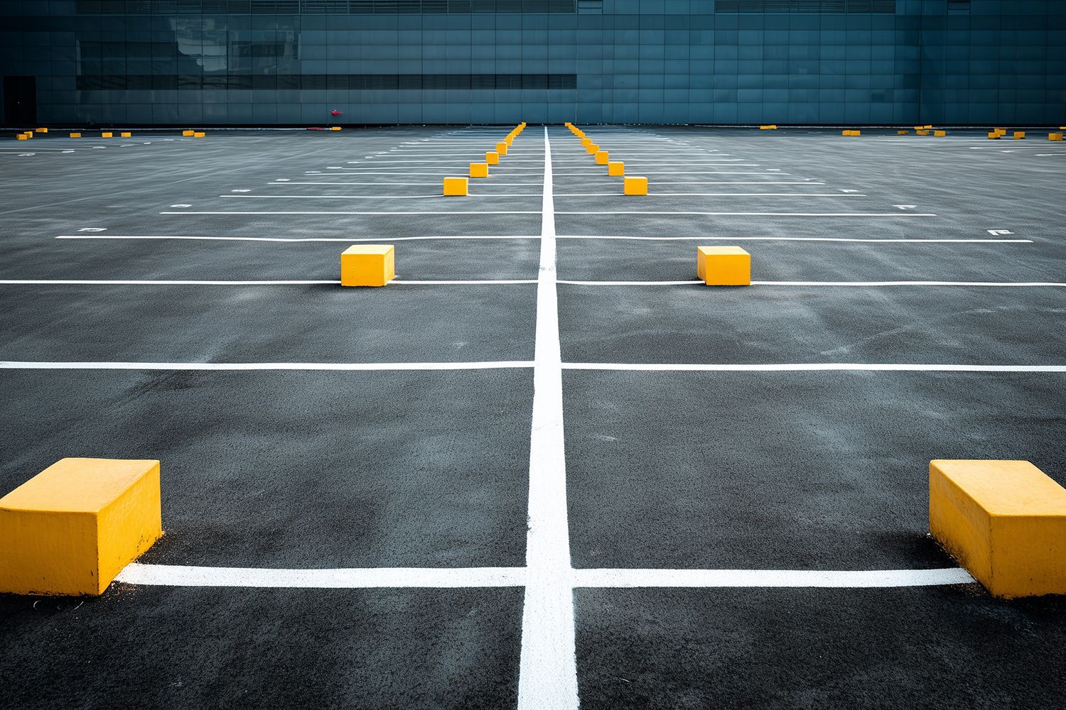 Empty asphalt parking lot with white lines and yellow concrete blocks.