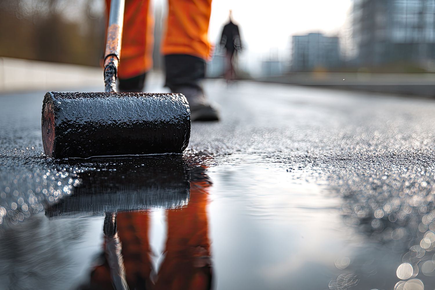Person in orange overalls uses a roller to apply sealant to a wet asphalt road surface.