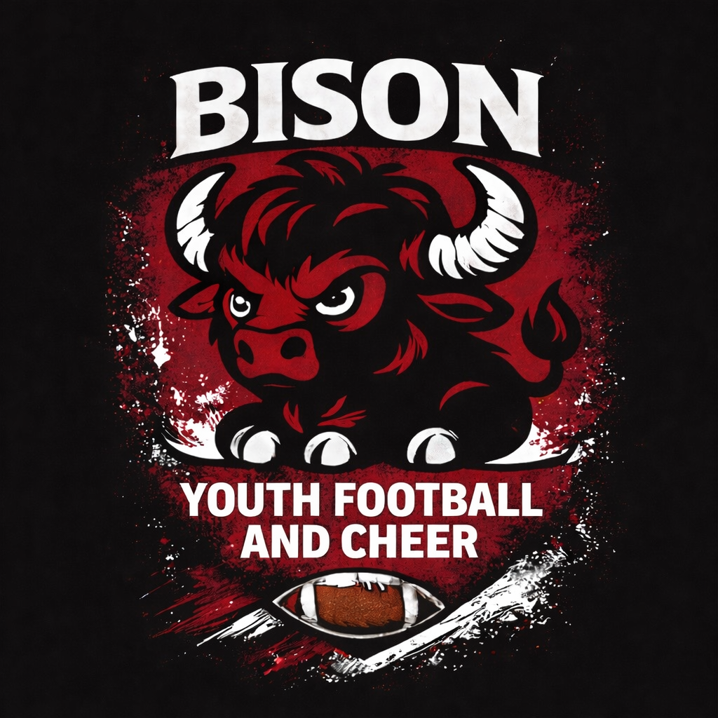 Red bison mascot for Youth Football and Cheer, with football below.