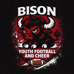 Bison youth football and cheer logo; red bison mascot with football and text on a black background.