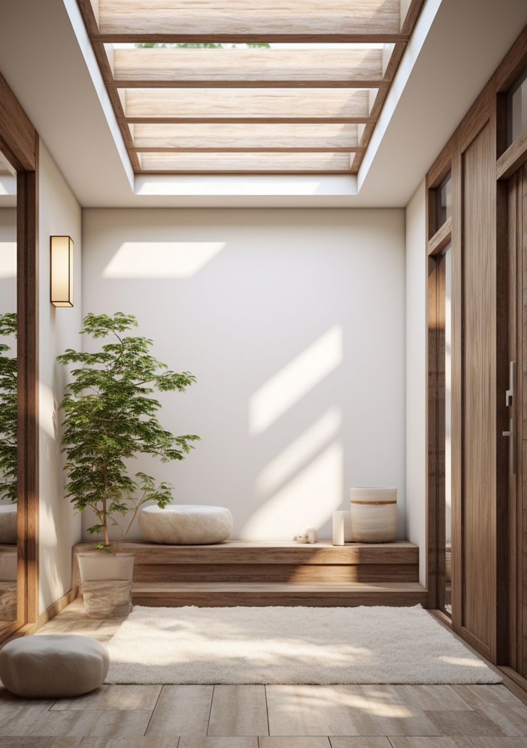 A hallway with a ceiling light and a planter in the middle of it.
