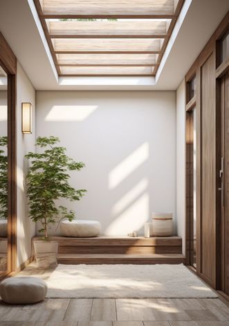 A hallway with a ceiling light and a planter in the middle of it.