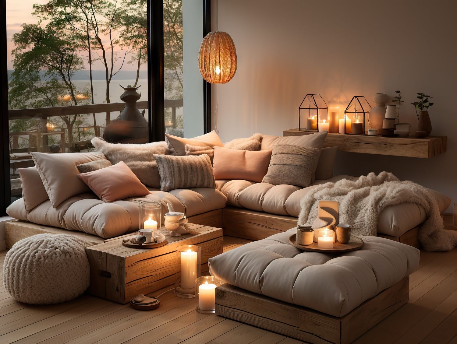 A living room with a couch , ottoman , and candles.