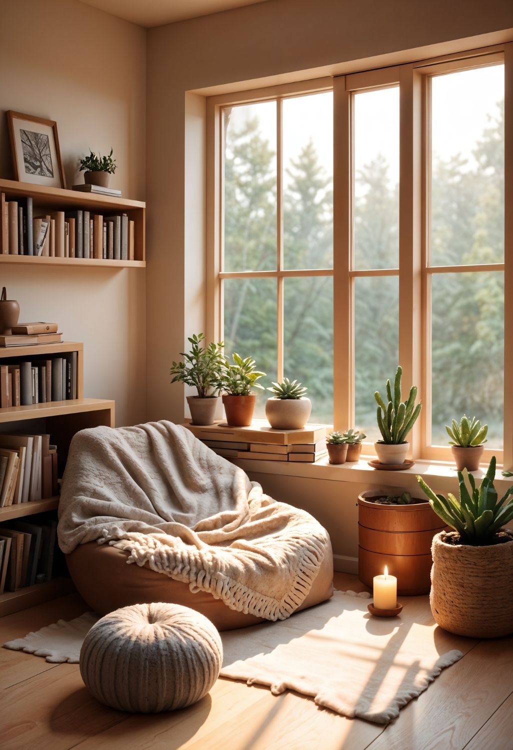 A living room with a bean bag chair and potted plants in front of a window.