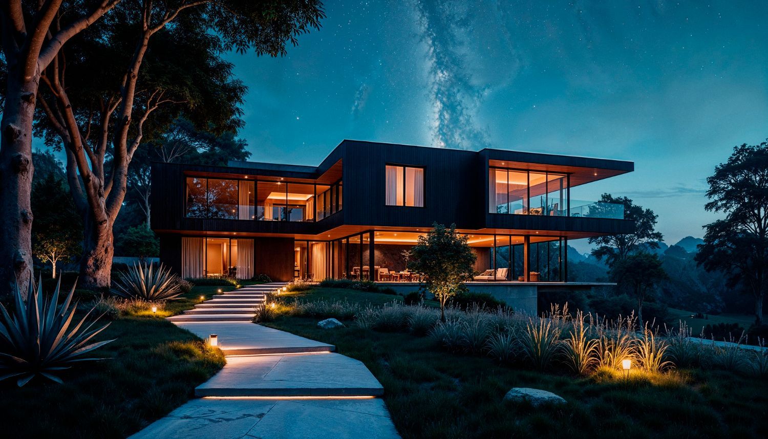 A modern house with a lot of windows is lit up at night.