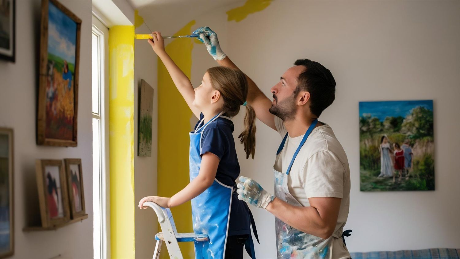 A man and a little girl are painting a wall together.