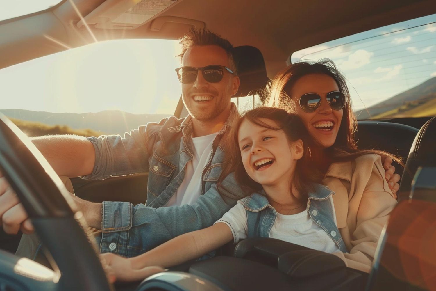 A family is sitting in the back seat of a car.