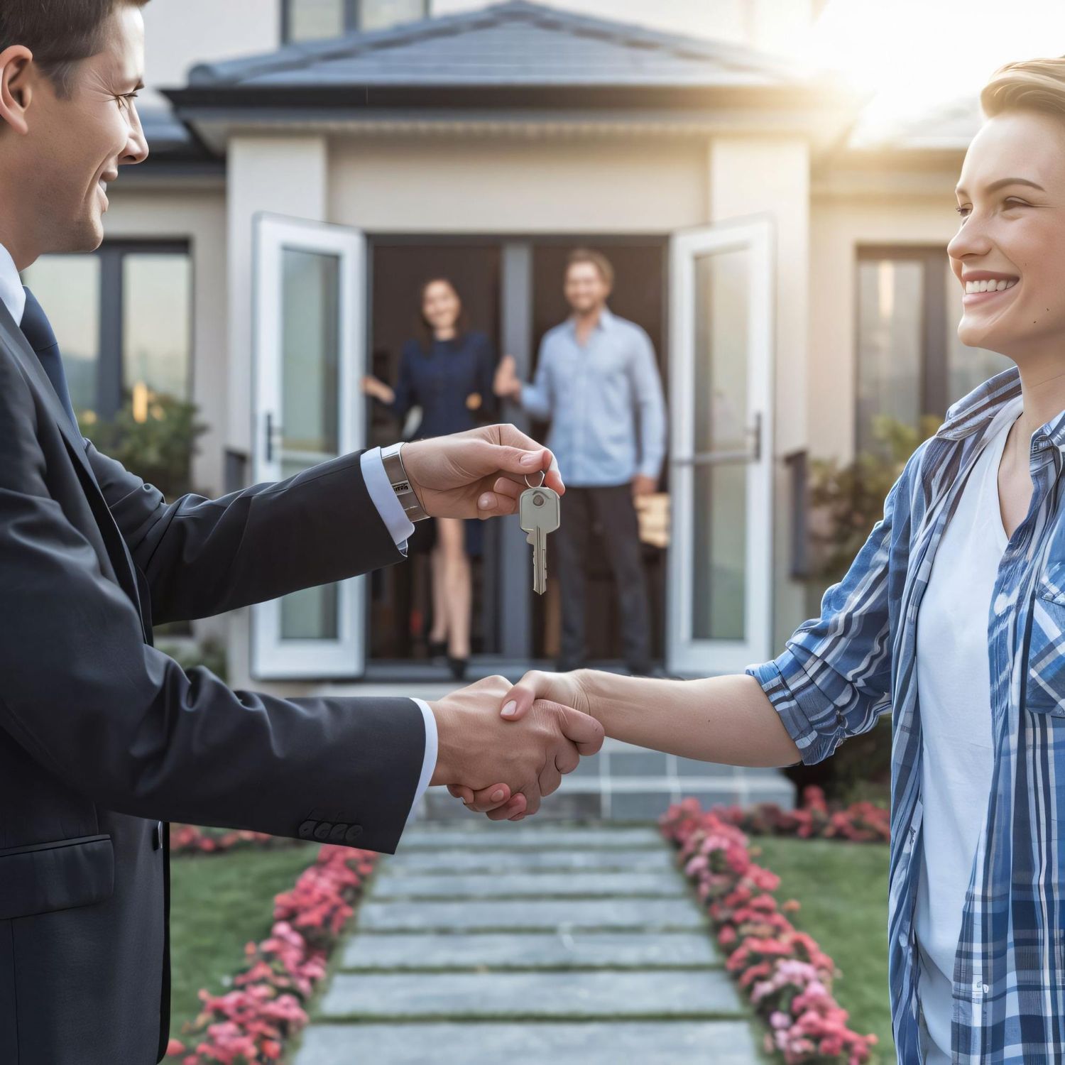 A man is handing a woman a set of keys in front of a house.