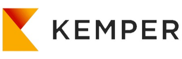 A logo for a company called kemper with a yellow and red triangle.