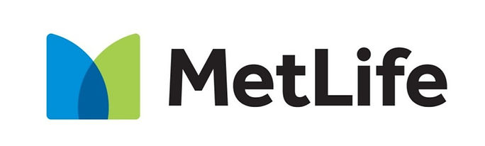 A metlife logo with a blue and green m on a white background.