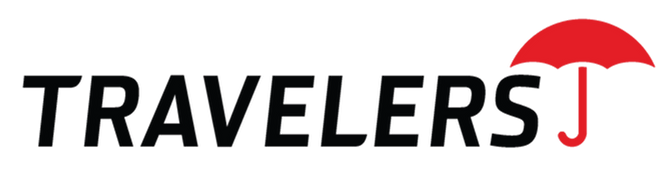 Travelers j logo with a red umbrella in the middle