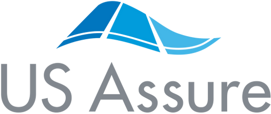 A logo for us assure with a blue wave in the middle