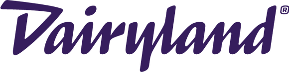 A purple logo for dairyland on a white background.