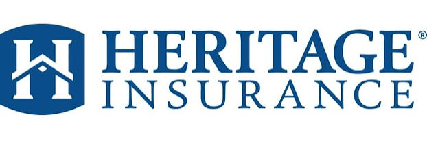 The logo for heritage insurance is blue and white.