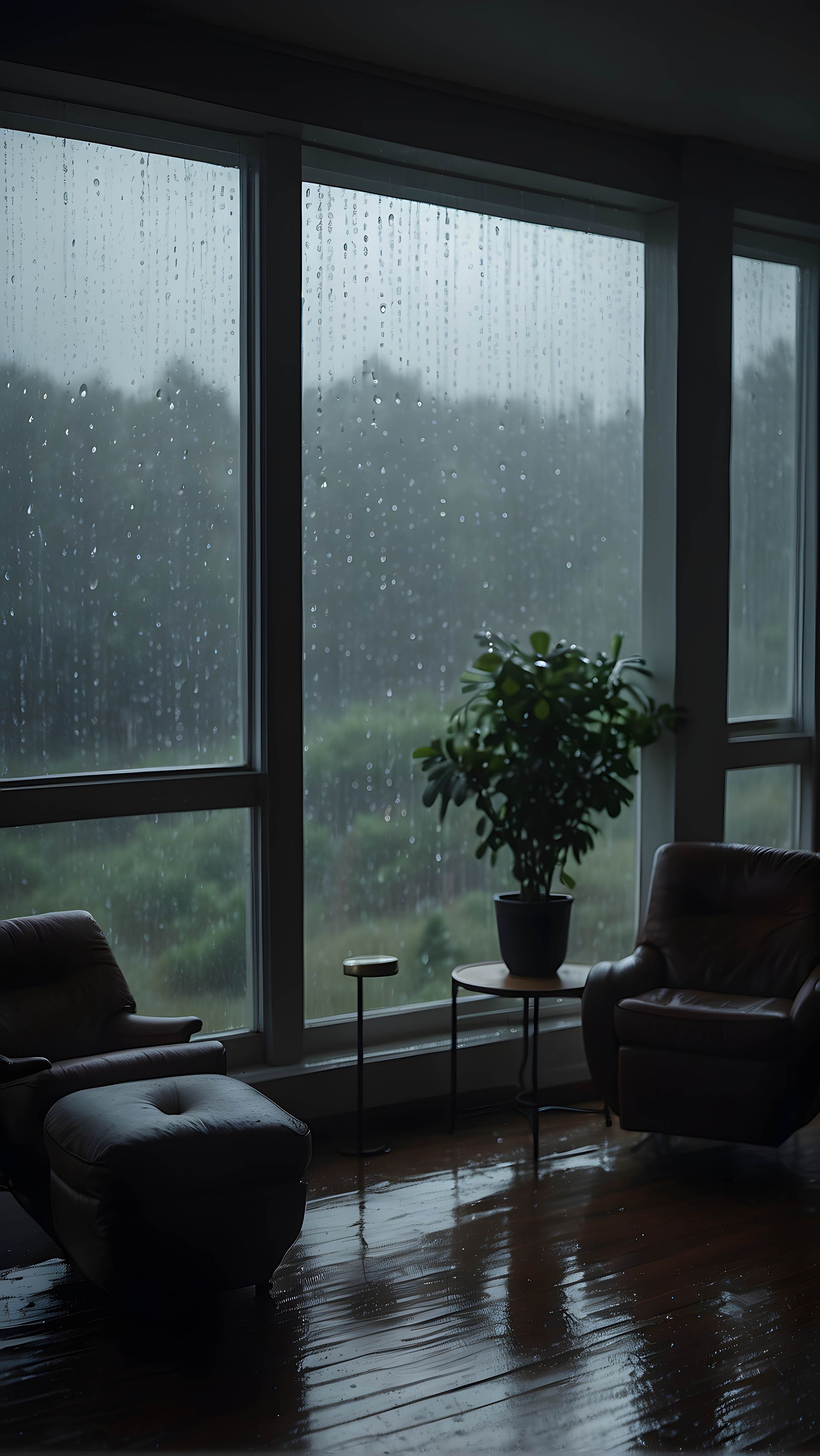 A living room filled with furniture and a potted plant on a rainy day.