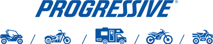 A logo for progressive shows a truck motorcycle rv and atv