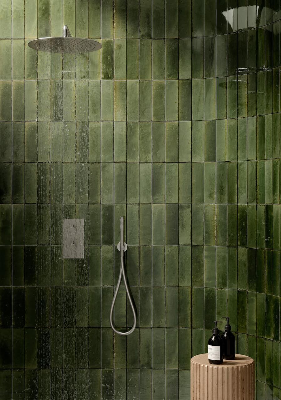Bathroom with Green Tiled Wall Design — Tile Supplies in Alstonville in Alstonville, NSW