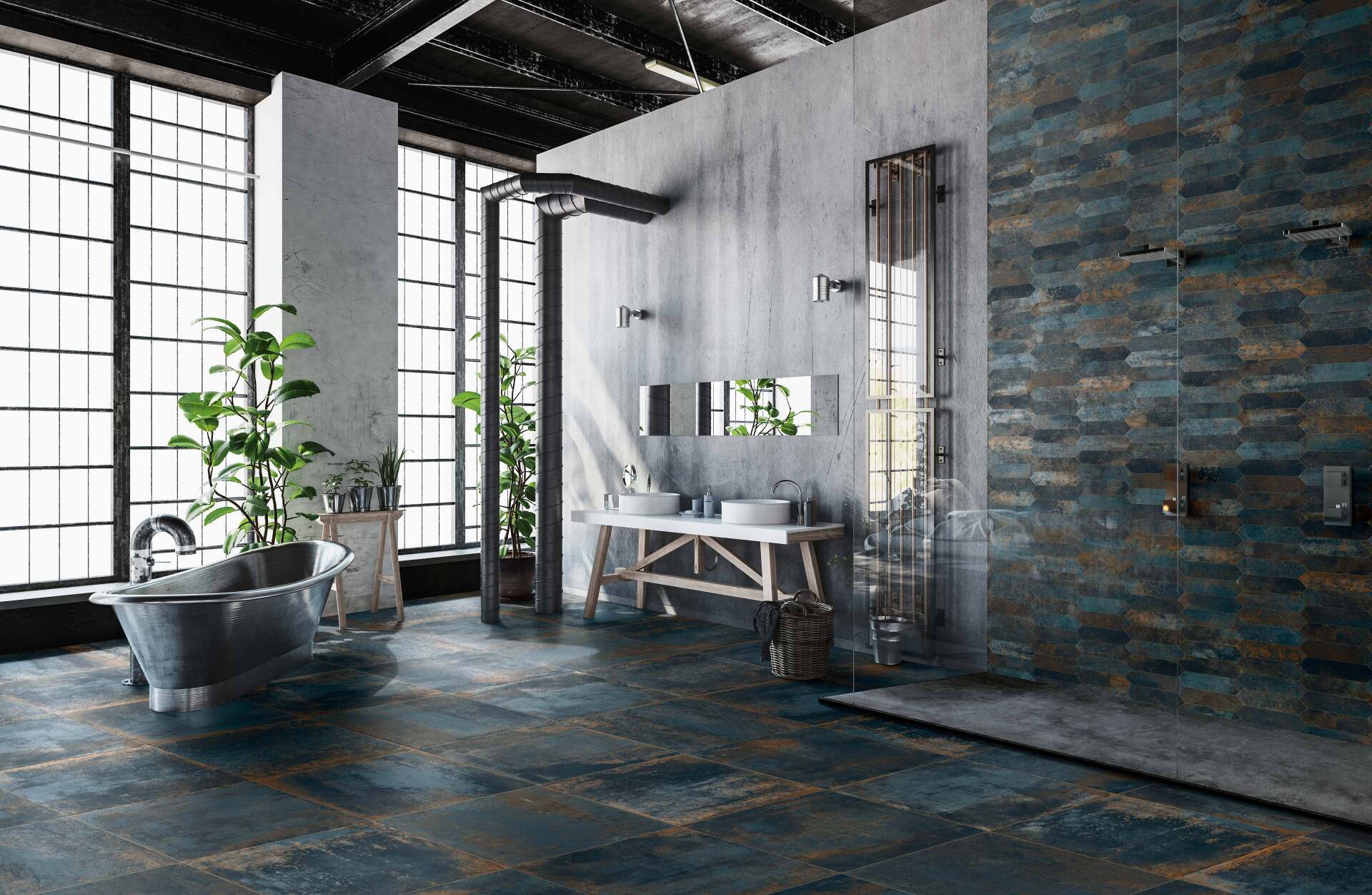 A bathroom with a bathtub , sinks , and a shower.