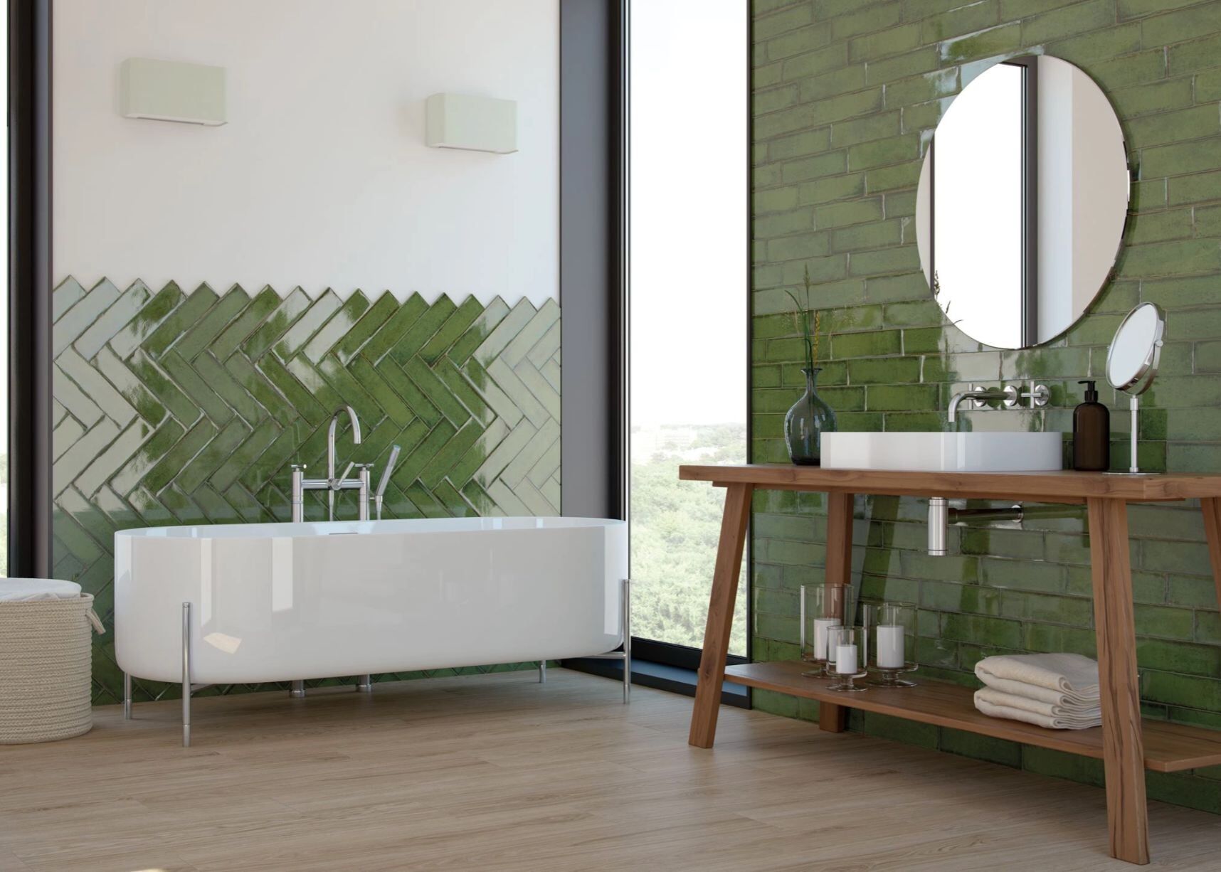 Bathroom with Green Feature Wall Tiles — Tile Supplies in Alstonville in Alstonville, NSW