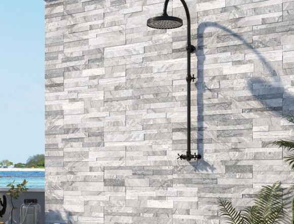 Natural Stone Feature Wall with Outdoor Shower — Tile Supplies in Alstonville in Alstonville, NSW
