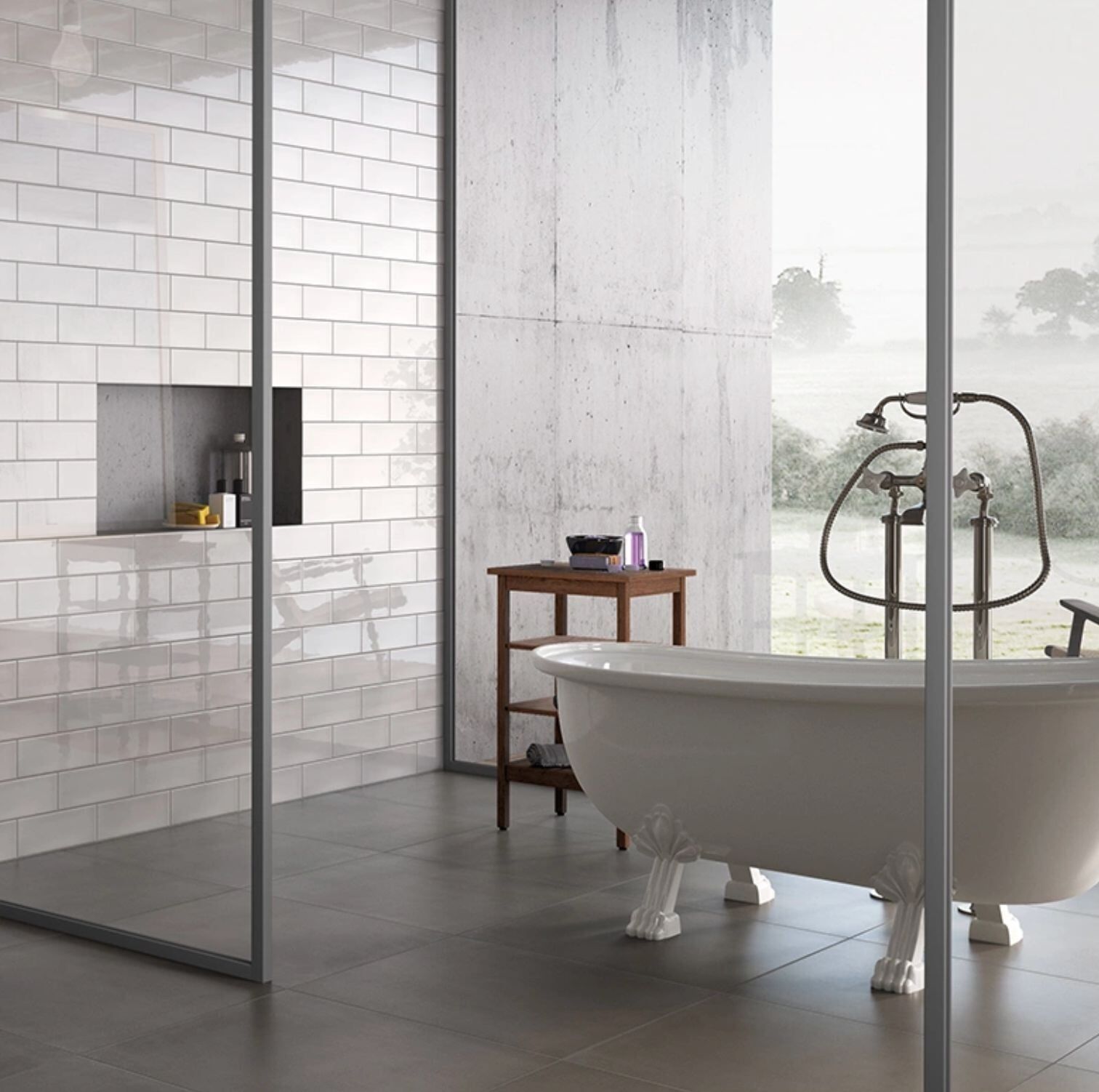 White subway grey floor — Tile Supplies in Alstonville, NSW