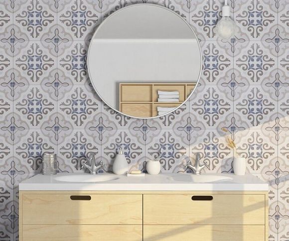 Decorative Bathroom Wall Tiles with Circle Mirror — Tile Supplies in Alstonville in Alstonville, NSW