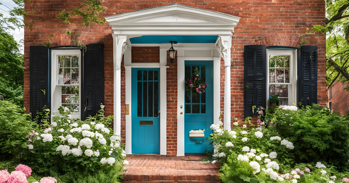 A brick house with a blue door and black shutters.