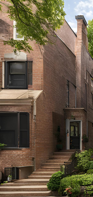 A large brick building with stairs leading up to the front door.