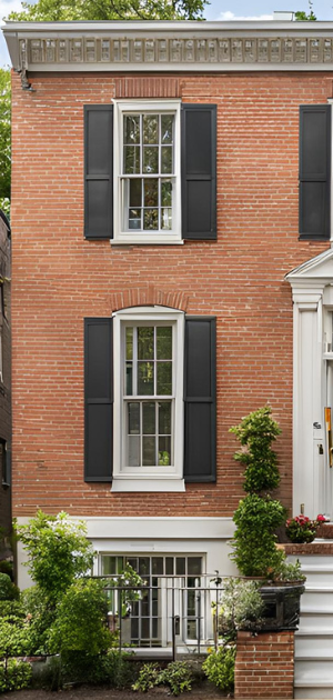 A red brick house with black shutters on the windows.