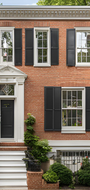 The front of a brick house with black shutters and white trim.