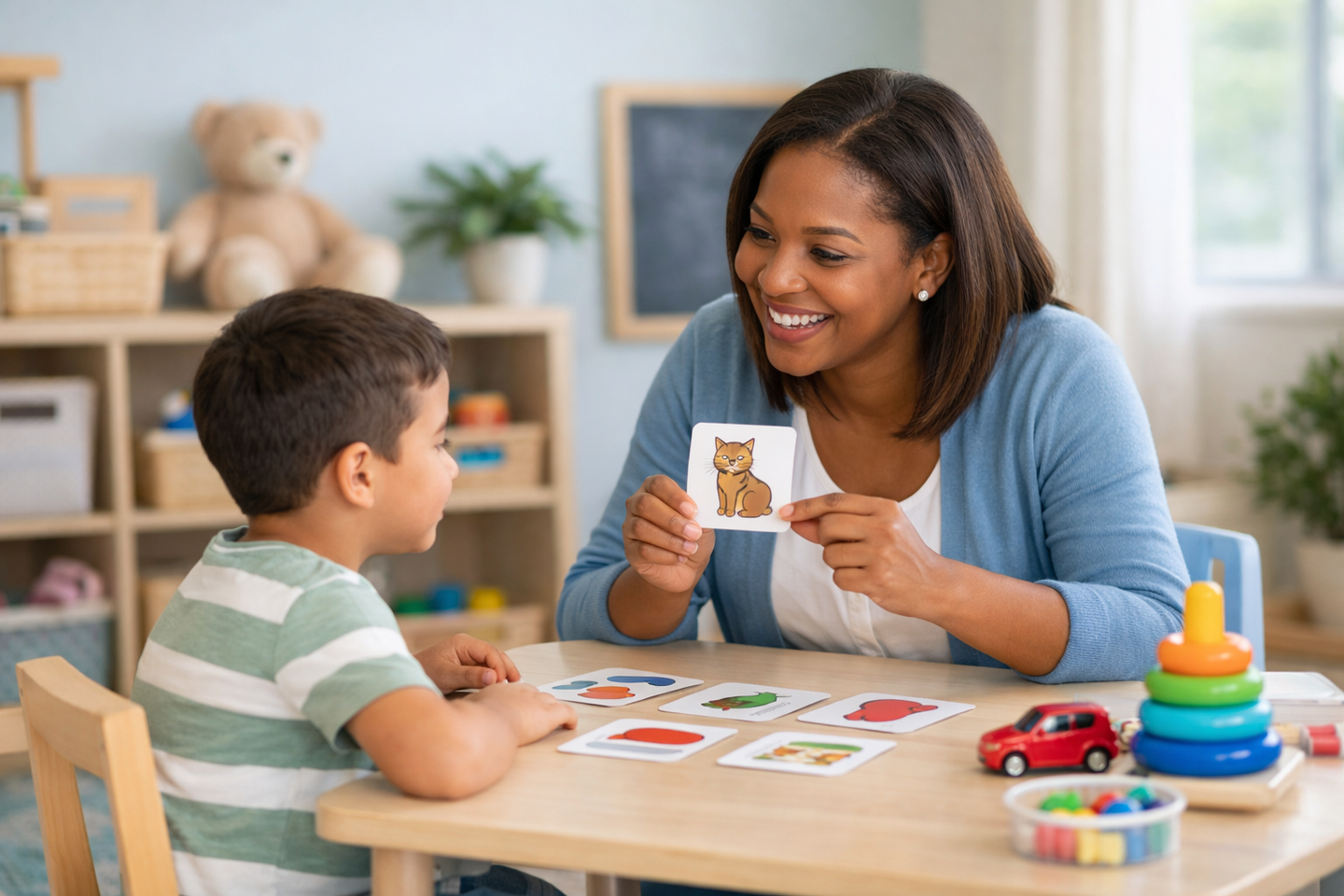 Woman showing a card with an animal to a child, seated at a table. Cards and toys are also on the table.