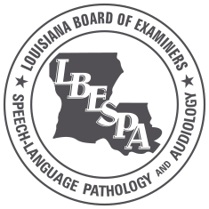 Louisiana Board of Examiners for Speech-Language Pathology and Audiology logo. Features outline of Louisiana.