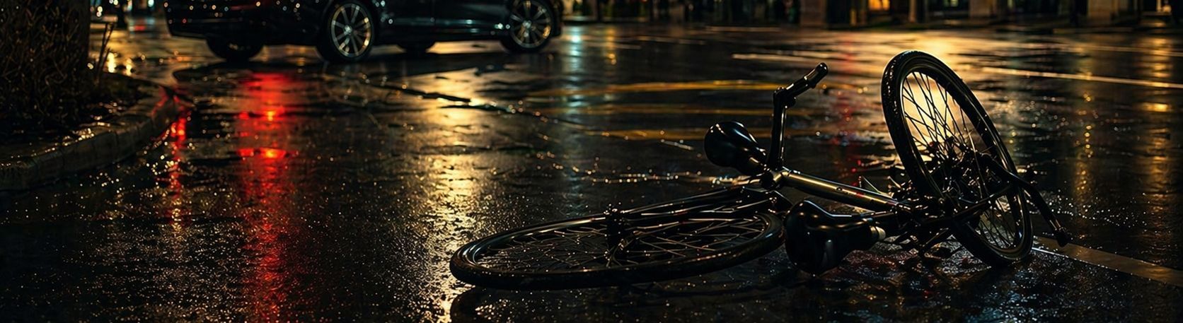 Rain-soaked street at night with glowing red and yellow reflections and a fallen bicycle wheel on the right