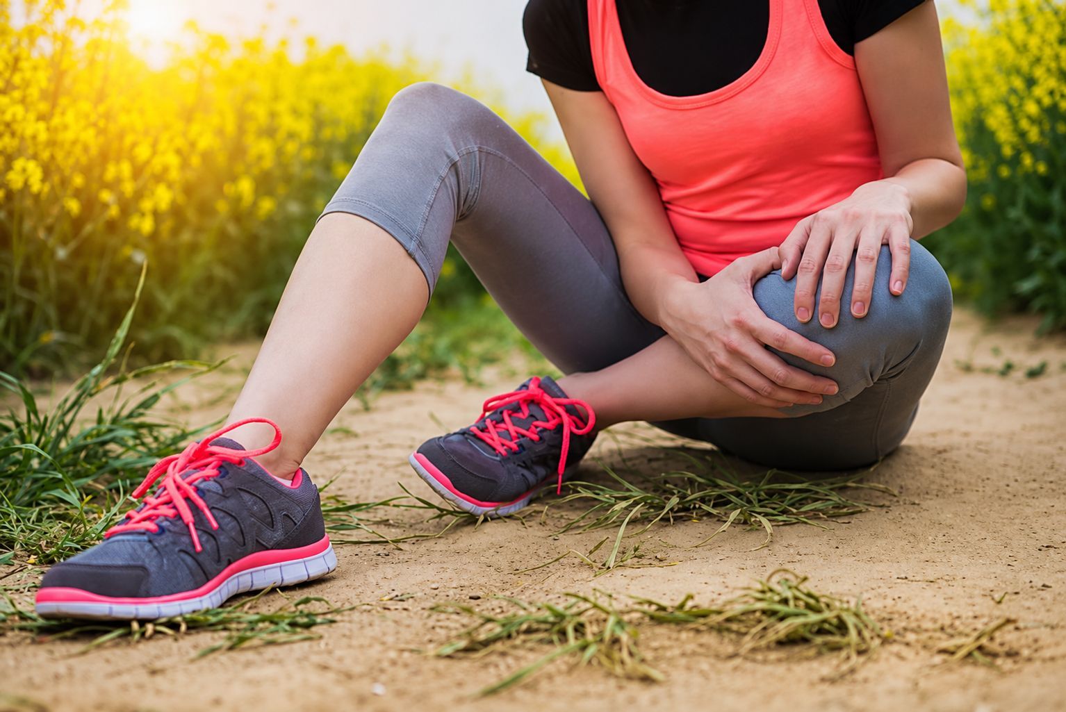 Runner sitting on a dirt path, holding one knee, wearing gray leggings and pink running shoes.