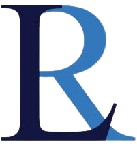 A blue letter r on a white background.