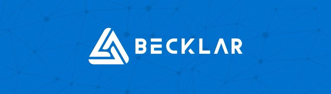 Logo of Becklar, white triangle and lines with text on a blue background.