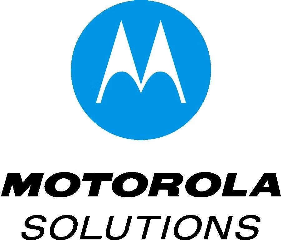 Motorola Solutions logo: blue circle with white "M" and company name in black.