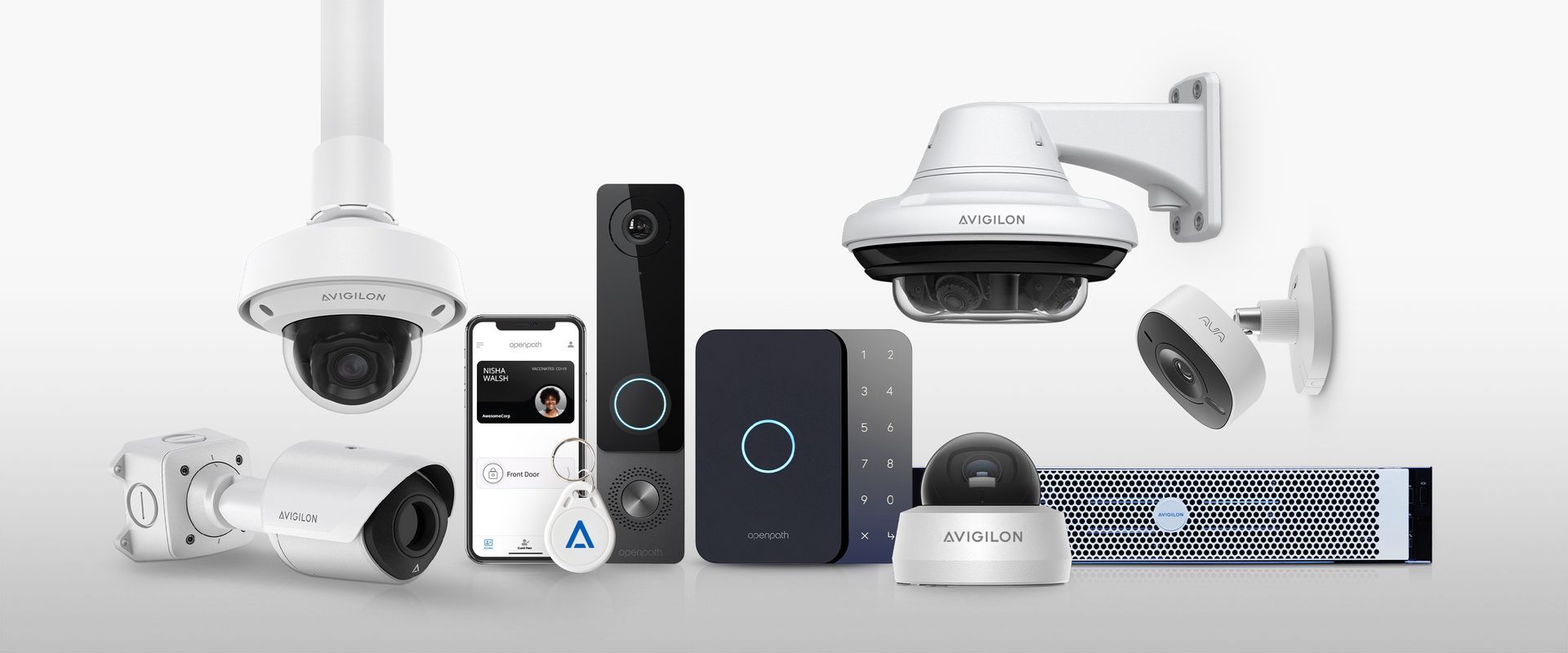 Security cameras, a phone, and a key fob are displayed on a white background.